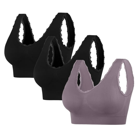 Hjlmsx Workout Bras for Women Seamless Stretchy Sport Yoga Lace Trim Padded Bralette No Underwire Soft Plus Size Full Coverage Bras Underwear 3 Pack