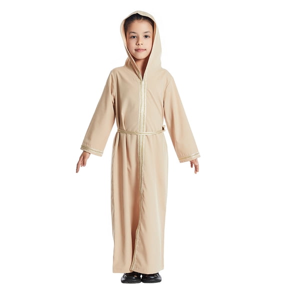 Hjtefg Arabic Kaftan Robe Set - Embroidered Long Sleeve Traditional Dress for & Kids,National Wear for Children,Jackets for Girls and Boys,Color: Khaki Size: 11-12 Years