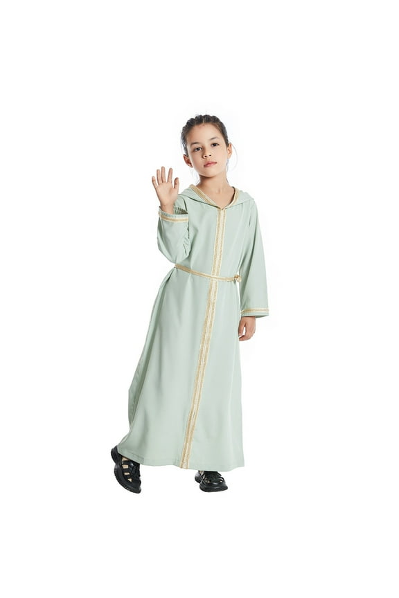 Arabic Kaftan Robe Set - Embroidered Long Sleeve Traditional Dress for Teens & Kids,National Wear for Children,Jackets for Girls and Boys,Color: Light Green Size: 13-14 Years