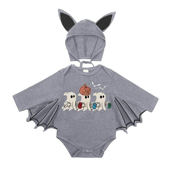 Hjtefg Baby Bat & Pumpkin Romper, My First Halloween Outfit with Matching Hat, Black Long Sleeve Bodysuit, Soft Autumn-Themed Jumpsuit,Color: C8-Light Gray Size: 3-6 Months
