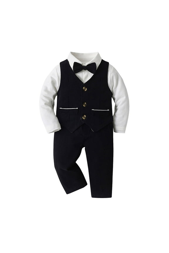 Baby Boys Gentleman Four Piece Outfit Long Sleeve Romper Bodysuit Pants Coat Vest and Bow Tie Set Soft Formal Wear for Toddlers Photo Ready,Color: 1-Black Size: 12-18 Months