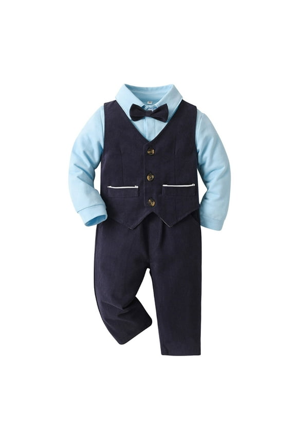 Baby Boys Gentleman Four Piece Outfit Long Sleeve Romper Bodysuit Pants Coat Vest and Bow Tie Set Soft Formal Wear for Toddlers Photo Ready,Color: 1-Navy Size: 12-18 Months
