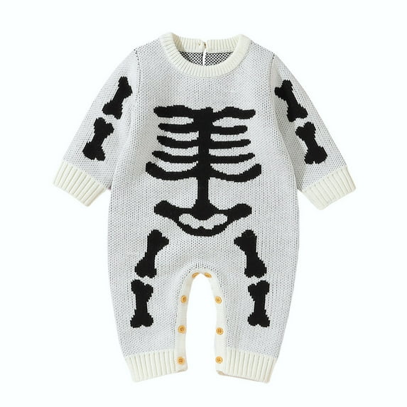 Hjtefg Baby Girls Boys Crewneck Halloween Outfits Long Sleeve Pumpkin Romper Knitted Sweater Jumpsuit Skeleton Jacquard Pattern,Color: H4-White Size: 6-9 Months