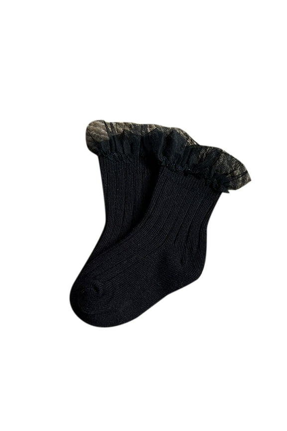 Baby Girls' Mid-Calf Socks - Lace Trim Ruffled Stockings, Spanish Style Ribbed Knit School Socks for Toddlers,Color: Black Size: 3-5 Years