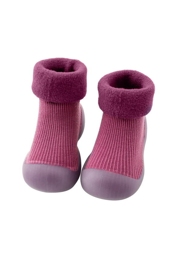 Baby Toddler Boys Girls Soft Sole Solid Warm Knit Cozy Slipper Shoes - Breathable Crib Socks with Rubber Grips, Winter Warm Booties for Little Feet,Color: 1-Wine Size: 3-10 Months
