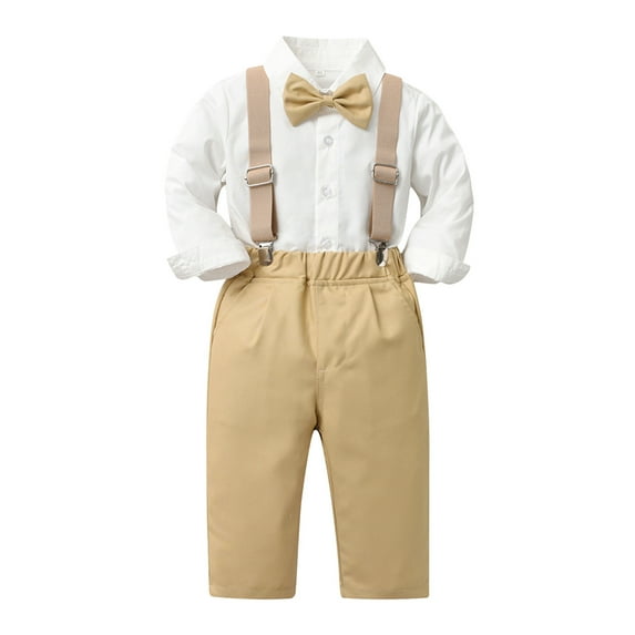 Hjtefg Boys' 3-Piece Dress Set - Long Sleeve Shirt with Bow Tie & Suspenders | Formal Pants Outfit for Toddlers | Smart Party & Holiday Wear, Color: 4-Beige Size: 2-3 Years