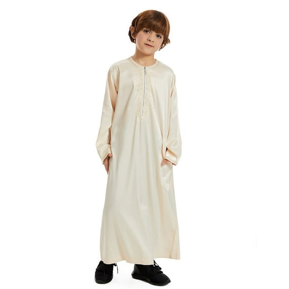 Hjtefg Boys Arabic Robe - Long Sleeve Embroidered Thobe,Traditional Kaftan National Wear for Teens & Children,Jackets for Girls and Boys,Color: Beige Size: 11-12 Years