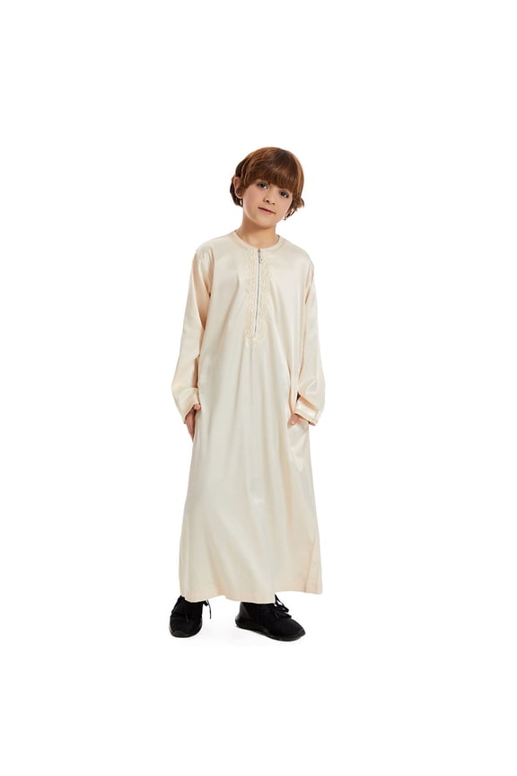 Boys Arabic Robe - Long Sleeve Embroidered Thobe,Traditional Kaftan National Wear for & Children,Jackets for Girls and Boys,Color: Beige Size: 7-8 Years