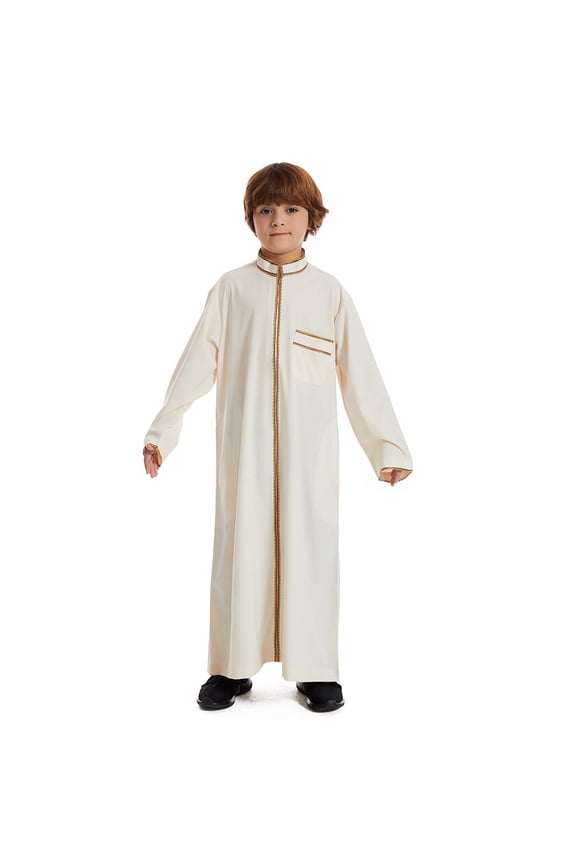 Boys Arabic Thobe - Long Sleeve Embroidered Kaftan Robe,Traditional Teen & Children's Wear,Formal Elegant Garment,Jackets for Girls and Boys,Color: Beige Size: 7-8 Years