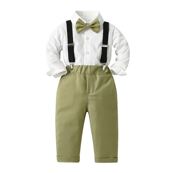 Hjtefg Boys' Dressy 3-Piece Set - Long Sleeve Shirt, Suspenders & Pants | Formal Outfit with Bow Tie | Smart Party Wear for Toddlers & Kids, Color: 1-Green Size: 2-3 Years