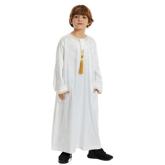 Hjtefg Boys Embroidered Thobe Set - Long Sleeve Arabic Kaftan Robe,Traditional Teen & Children's Formal Wear,Elegant Outfit,Jackets for Girls and Boys,Color: White Size: 9-10 Years