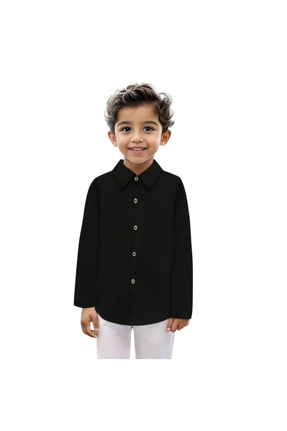 Boys Girls Long Sleeve Solid Button Down Casual Dress Shirt Korean Style British Classic Red Blue Stripe Pleated formal Shirt,Color: 1-Black Size: 2-3 Years