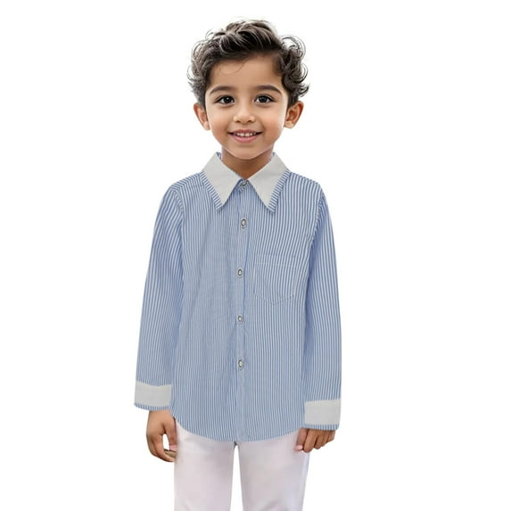 Hjtefg Boys Girls Long Sleeve Striped Button Down Casual Dress Shirt British Style Red Blue Stripe Pleated formal Blouse for Kids,Color: 2-Blue Size: 4-5 Years