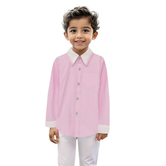 Hjtefg Boys Girls Long Sleeve Striped Button Down Casual Dress Shirt British Style Red Blue Stripe Pleated formal Blouse for Kids,Color: 2-Pink Size: 5-6 Years