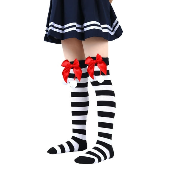 Hjtefg Christmas Knee High Socks for Girls - Soft Warm Xmas Stockings with Bow & Pompom,Color: Blue Size: One Size