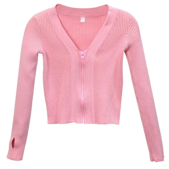Hjtefg Girls Ballet Dance Crop Top, Long Sleeve Sport Sweatshirt with Thumb Holes, Dance Practice Sweater for Cold Weather, Zip Front Warm-Up Cover Up,Color: Pink Size: 5-6 Years
