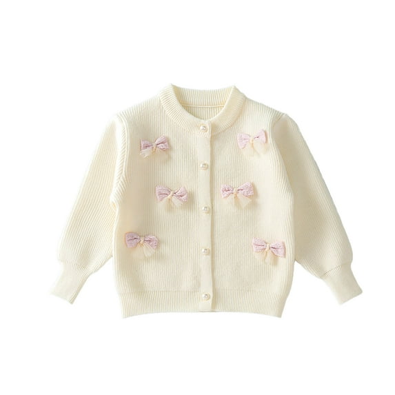 Hjtefg Girls Bow Cardigan - Baby Girls Knitted Sweater Dress, Korean Style Fashion Coat for Autumn Winter, Elegant Bow Detail Open Front Cardigan,Color: White Size: 3-4 Years