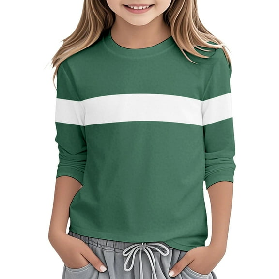 Hjtefg Girls Color Block Round Neck Tee, Long Sleeve Soft Comfortable Top for Toddlers and Kids, Stylish Casual Everyday Wear Shirt with Contrast Panels,Color: 1-Green Size: 5-6 Years