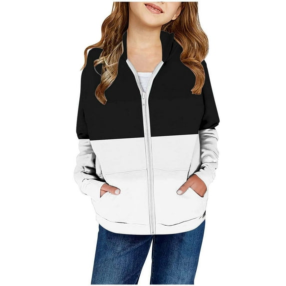 Hjtefg Girls' Color Contrast Hoodie - Two-Tone Zip-Up Sweatshirt with Patch Pockets, Warm Autumn & Winter Cardigan Jacket for Teens,Color: 3-Black Size: 11-12 Years