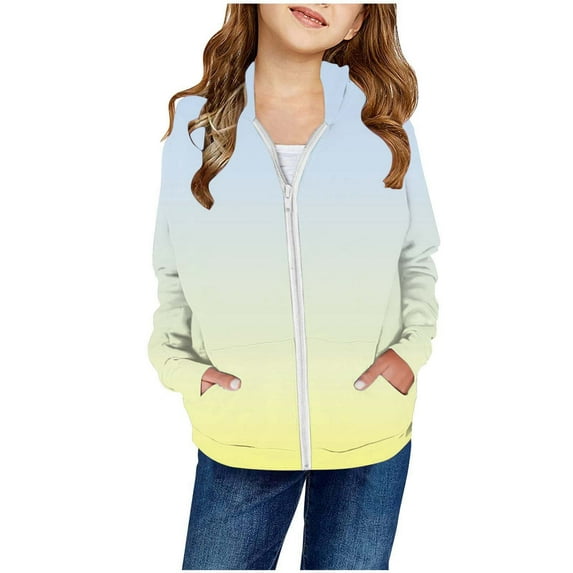Hjtefg Girls' Color-Fade Hoodie - Soft-Tone Zip-Up Sweatshirt with Patch Pockets, Autumn & Winter Cardigan Jacket for Teens,Color: 2-Light Blue Size: 7-8 Years