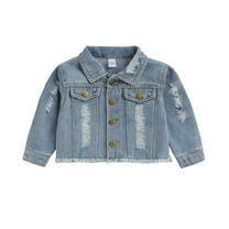 Hjtefg Girls Denim Jacket - Classic Long Sleeve Lapel Coat for Autumn, Distressed Button Front Outerwear for Toddler Kids,Color: Blue Size: 2-3 Years