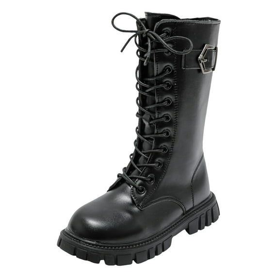 Hjtefg Girls Dress Boots - Comfortable Flat Heel Lace-Up Style, Soft Sole Fashion Booties with Velvet Warmth for Cool Days,Color: 1-Black Size: 4-4.5 Years