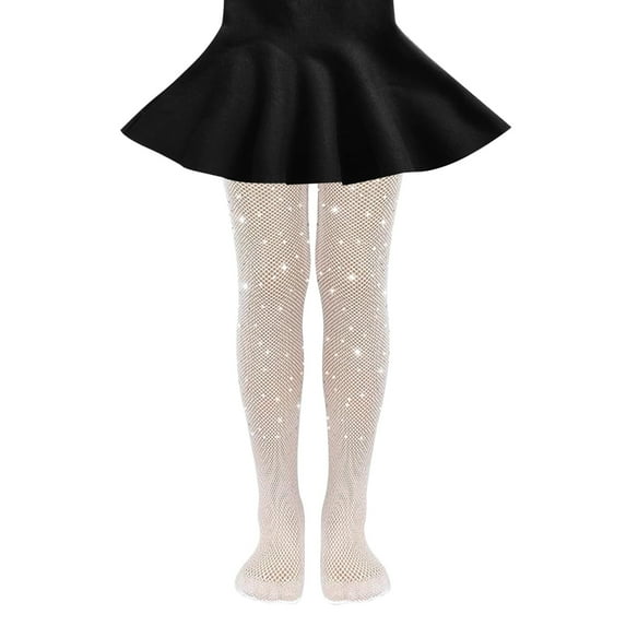 Hjtefg Girls' Fishnet Tights - Delicate Mesh Stockings with Rhinestone Details, Hollow-Out Party Tights for Dress-Up,Color: Z1-White Size: 6-12 Years