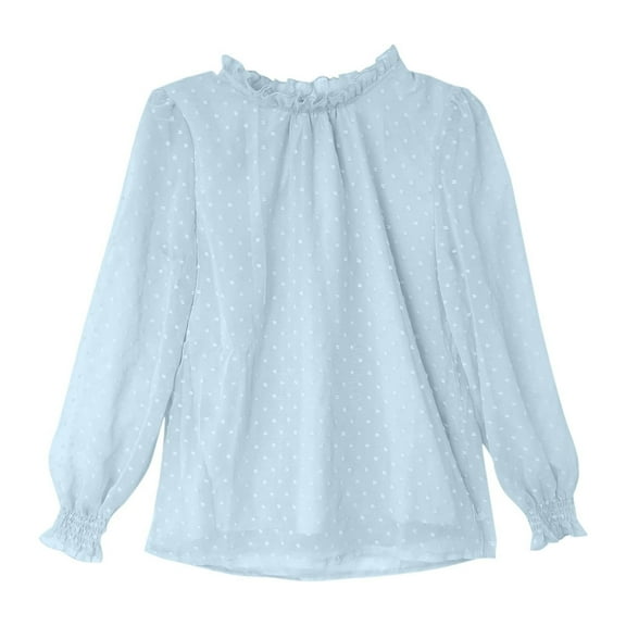 Hjtefg Girls Flocked Mesh Ruffle Blouse, Long Sleeve Shirt with Stand Collar, Elegant Party Dress Top for Toddler Kids Teenage, Delicate Bow Detail Blouse,Color: Light Blue Size: 12-13 Years