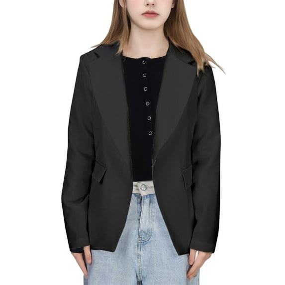 Hjtefg Girls' Formal - Classic Solid Lapel Jacket | Long Sleeve Button-Down Suit Coat for Kids,Color: Black Size: 7-8 Years