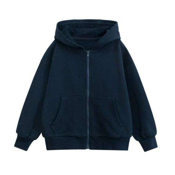Hjtefg Girls Hooded Zip Up Jacket - Lightweight Pullover Coat for Teens & Youth, Casual Outerwear for Autumn Winter, Solid Color Hoodie Sweatshirt,Color: Dark Blue Size: 7-8 Years
