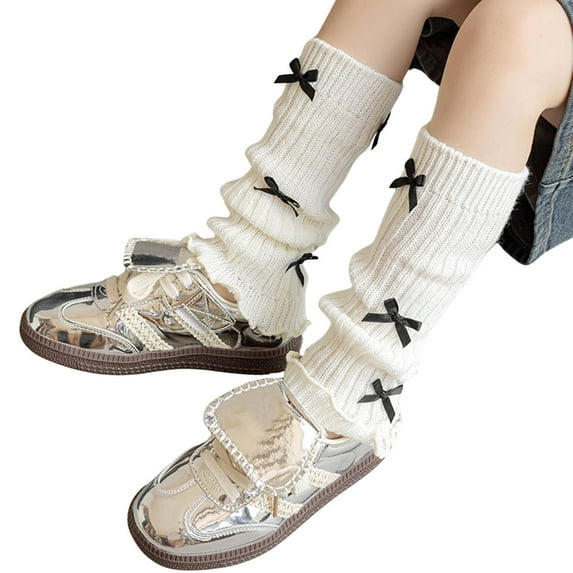 Hjtefg Girls' Knit Leg - Ribbed Socks, Soft Slouchy Knee-Highs with Bow Detail for Seasonal Wear,Color: Black Size: One Size