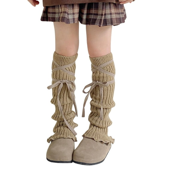 Hjtefg Girls' Knit Leg - Ribbed Socks, Soft Slouchy Knee-Highs with Crisscross Ties for Seasonal Wear,Color: Coffee Size: One Size