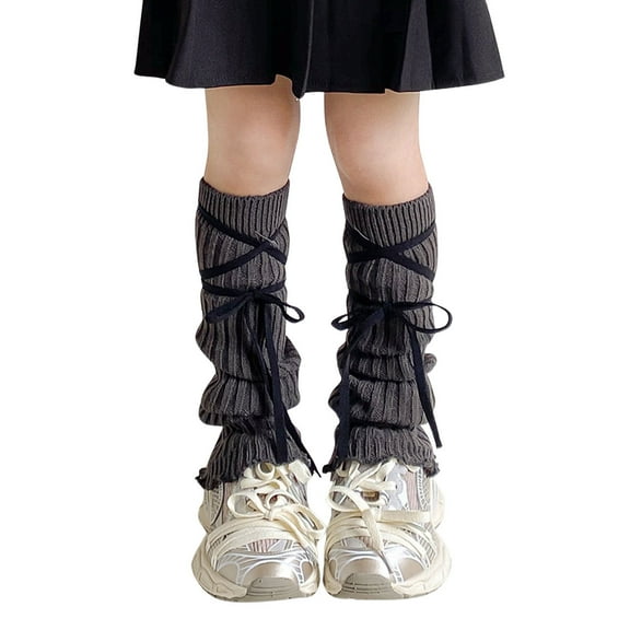 Hjtefg Girls' Knit Leg - Ribbed Socks, Soft Slouchy Knee-Highs with Crisscross Ties for Seasonal Wear,Color: Dark Gray Size: One Size