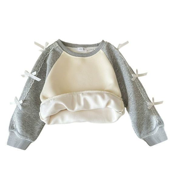 Hjtefg Girls Lined Hoodie, Long Sleeve Pullover Sweatshirt with Bow Detail, Soft Blend Comfortable Top for Kids, Casual Wear with Raglan Sleeves,Color: Grey Size: 5-6 Years