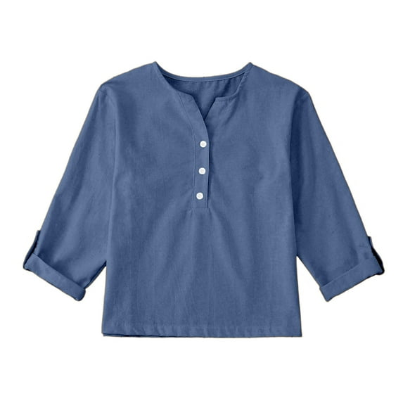 Hjtefg Girls Linen Shirt - V-Neck Button Blouse with Stand Collar, Breathable Loose Fit Summer Top,Color: Blue Size: 13-14 Years