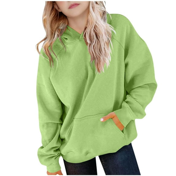 Hjtefg Girls Raglan Sleeve Hoodie, Long Sleeve Winter Warm Pullover with Athletic Cut, Soft Cozy Outerwear for Kids, Comfortable Casual Top,Color: Green Size: 9-10 Years