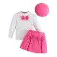 thumbnail image 1 of Hjtefg Girls Ribbed Bow Top Skirt Hat Three Piece Casual Winter Outfit For School Autumn Fall Soft Textured Coordinated Set for Toddler Kids,Color: Hot Pink Size: 7-8 Years, 1 of 9
