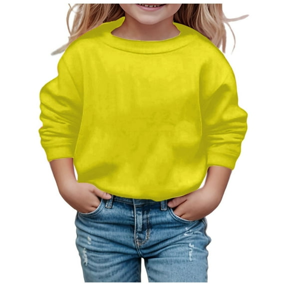 Hjtefg Girls Solid Round Neck Hoodie, Long Sleeve Casual Sports Top, Comfortable Athletic Pullover for Everyday Wear, Soft Breathable Sweatshirt,Color: 2-Yellow Size: 10-11 Years