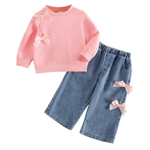Hjtefg Girls Two Piece Set Cute Bow Long Sleeve Sweatshirt with Denim Pants Casual Spring Fall Toddler Clothes Comfortable Playwear Soft Everyday Outfit for Baby Girls,Color: Red Size: 9-12 Months