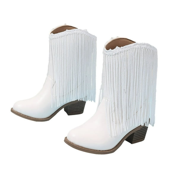 Hjtefg Girls Western Cowboy Boots - Leather Ankle Booties with Tassels, Classic Solid Color Fashion Footwear for Cool Weather,Color: 4-White Size: 10-10.5 Years