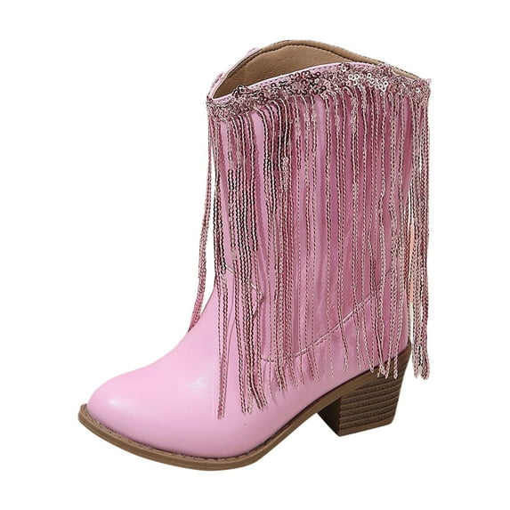 Hjtefg Girls Western Style Boots - Leather Tassel Booties with Moderate Heel, Classic Solid Color Footwear for Cooler Weather,Color: 6-Red Size: 8-9 Years