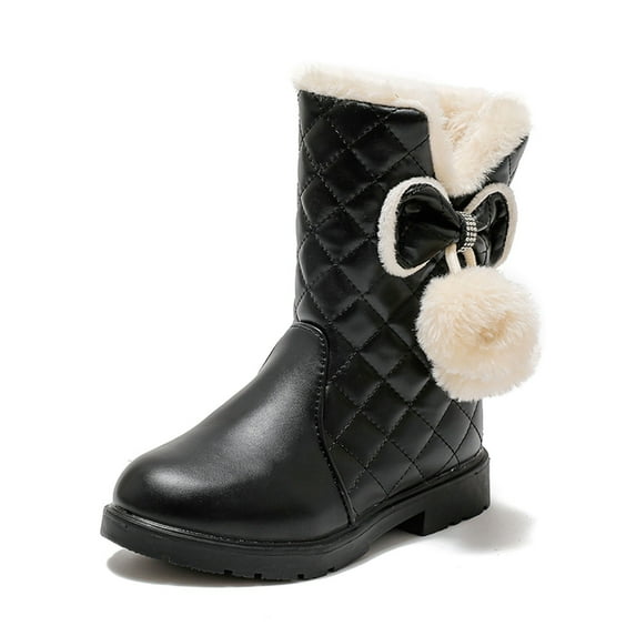 Hjtefg Girls Winter Snow Boots - Thick Sole Warm Bow Decorated Booties for Toddler Kids, Cozy Non-Slide Comfortable Solid Color Shoes,Color: 1-Black Size: 6-7 Years