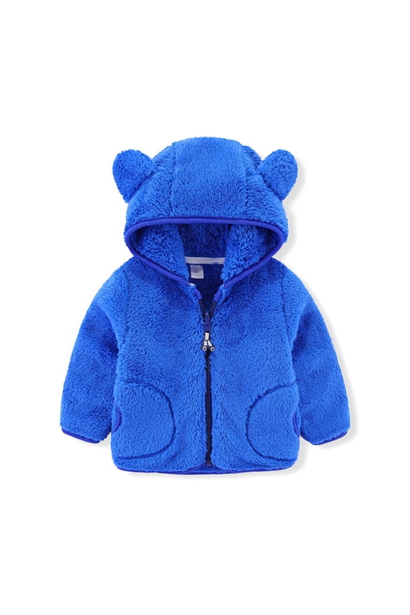 Kids Animal Ear Hooded Jacket, Winter Soft Coral Coat with Zipper Closure, Candy Color Textured Outerwear for Boys and Girls,Color: 2-Dark Blue Size: 4-5 Years