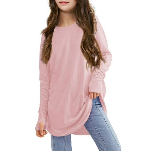 Hjtefg Kids' Classic Crewneck Tee - Soft Long Sleeve Casual Top for Girls,Color: Pink Size: 3-4 Years