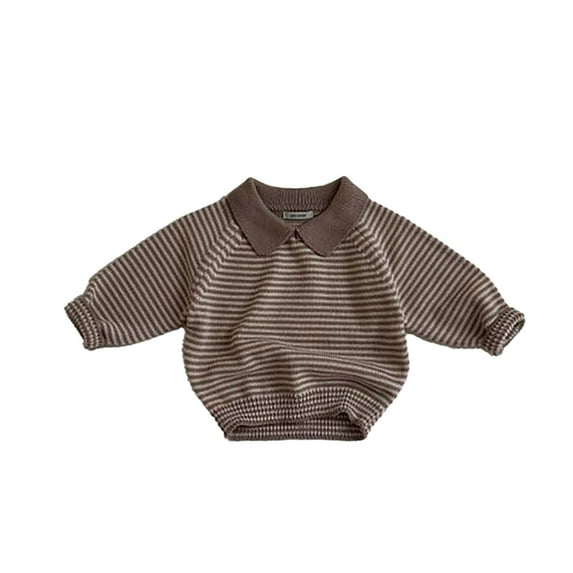 Hjtefg Kids' Korean Style Sweater - Soft Striped Lapel Pullover, Autumn Casual Top for Children,Color: Coffee Size: 18-24 Months