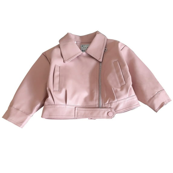 Hjtefg Kids' Motorcycle Jacket - Zippered Coat with Wide Lapel, Stylish Short Outerwear for Autumn & Winter, Durable Top for Girls & Boys,Color: 2-Pink Size: 3-4 Years