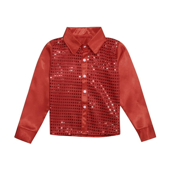 Hjtefg Kids' Performance Shirt - Sparkly Sequined Dance Top | Long Sleeve Button-Down Stage Shirt,Color: Red Size: 11-12 Years
