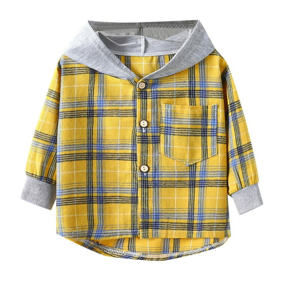 Hjtefg Kids' Plaid Hooded Shirt - Button-Down Long Sleeve Top, Stylish Checkered Blouse for Boys & Girls,Color: Yellow Size: 2-3 Years