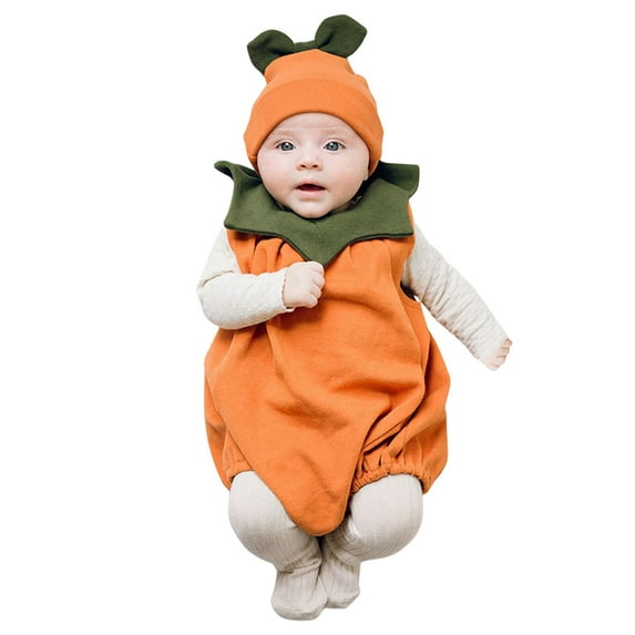 Hjtefg Kids' Pumpkin Print Romper Set - Soft Long-Sleeve Playsuit with Matching Hat, Cozy Halloween-Themed Outfit,Color: Orange Size: 12-18 Months