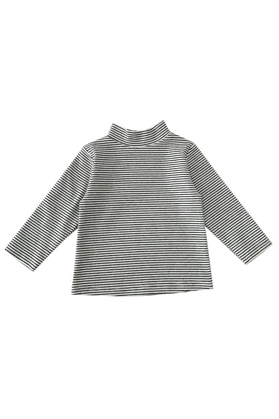 Kids' Semi-Turtleneck Tee - Korean Style Striped Long Sleeve Blouse, Cozy Winter Base Layer,Color: White Size: 18-24 Months